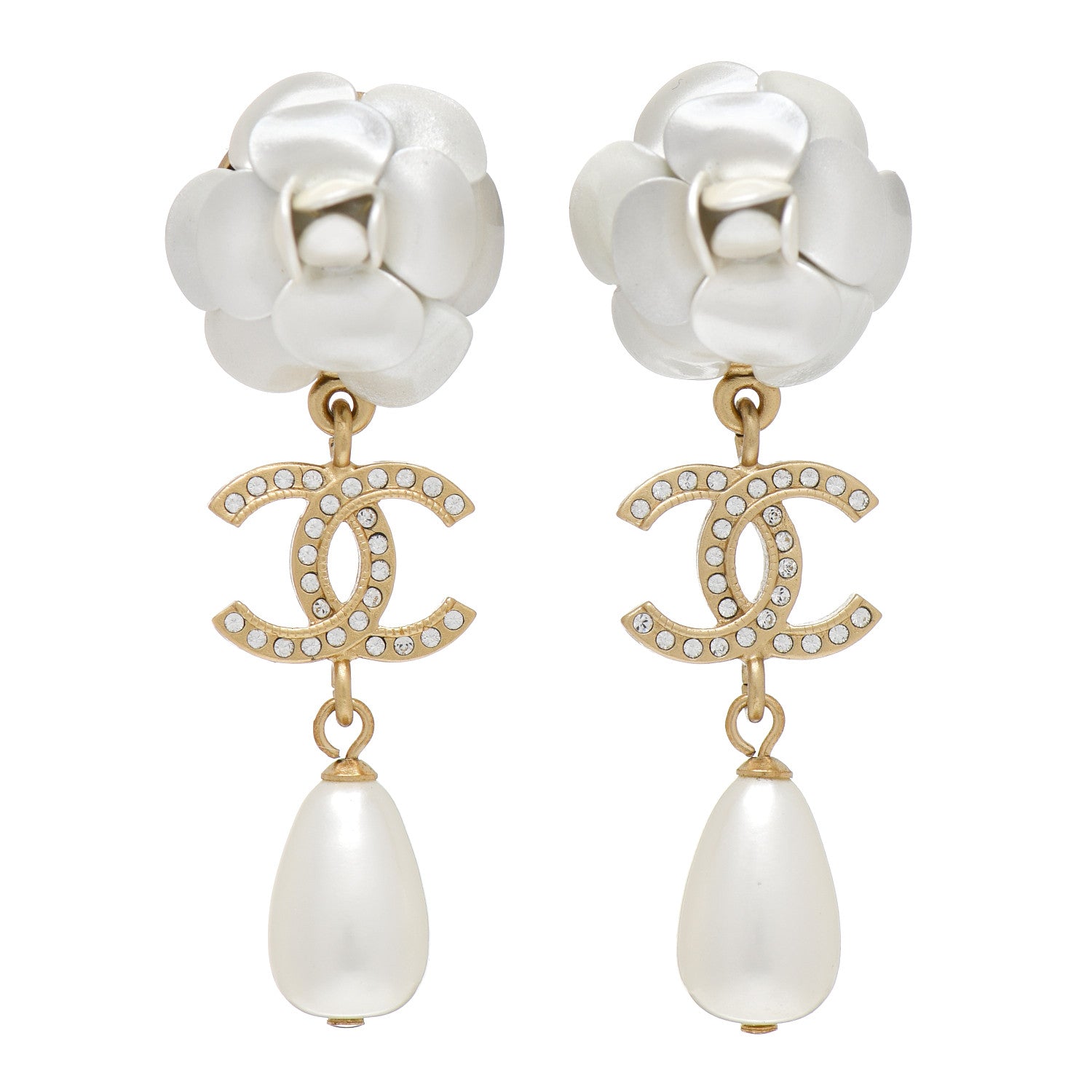 Chanel Metal Crystal Pearl 90s Camellia CC Drop Earrings Gold 1 of 4