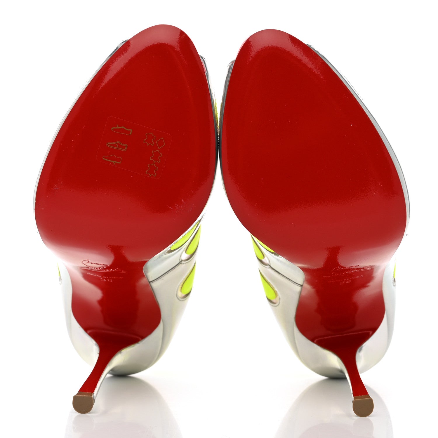 Christian Louboutin PVC Metallic Patent Polkadot Ladybug 120 Peep Toe Pumps 38 Silver Neon Yellow 5 of 7