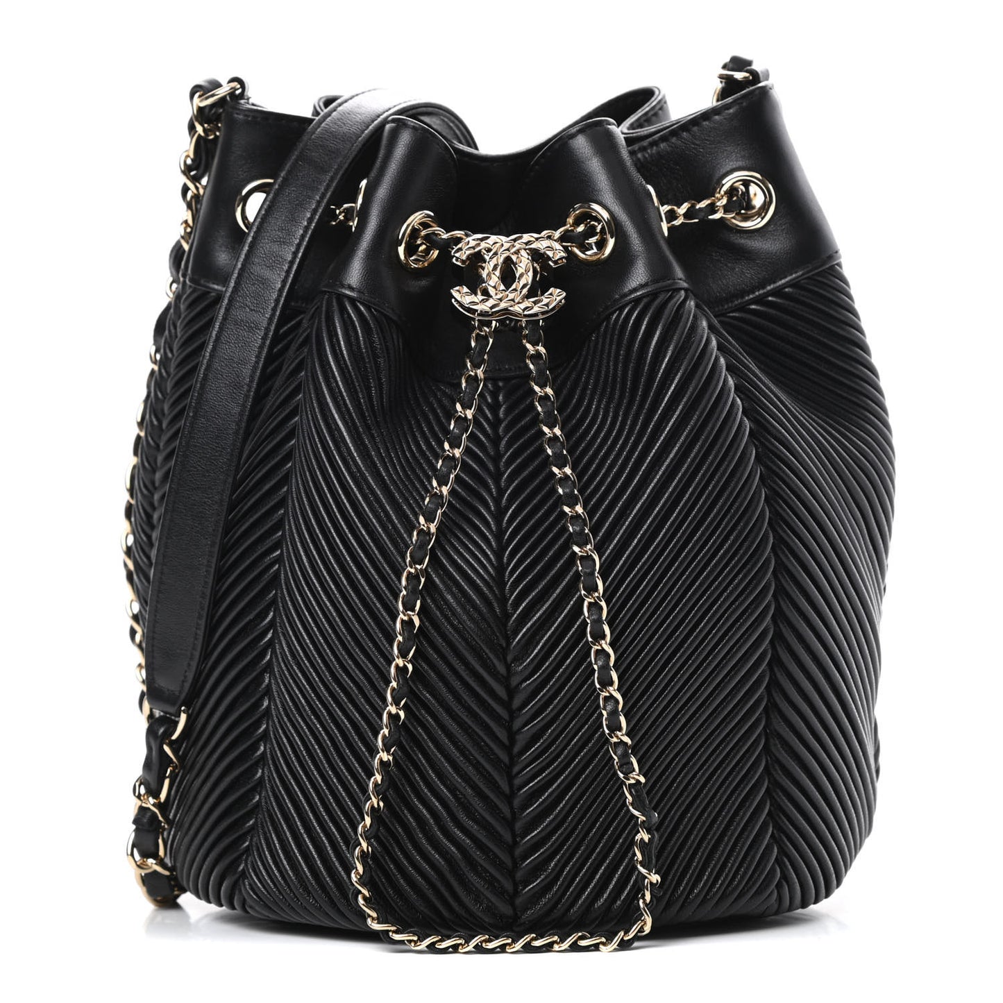 Lambskin Chevron Drawstring Bag Black
