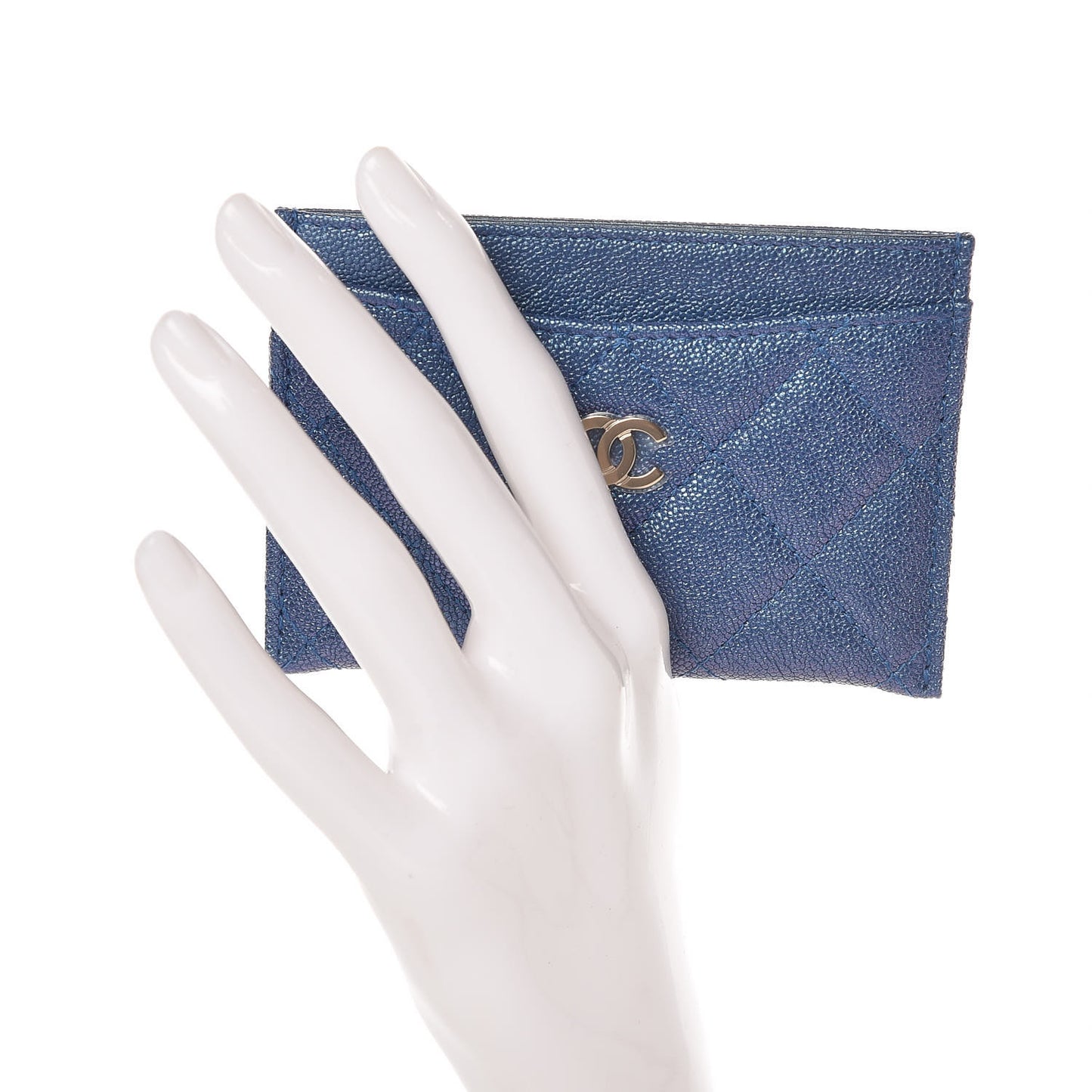 Iridescent Caviar Quilted Card Holder Blue Fonce