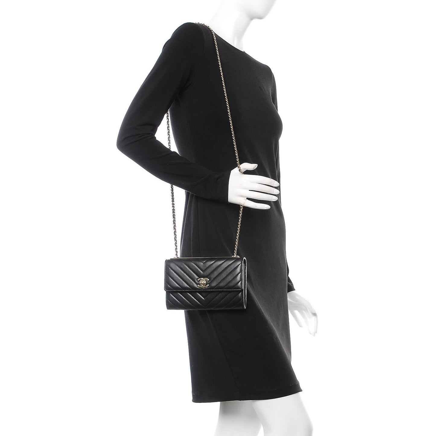 Lambskin Chevron Quilted Trendy CC Wallet On Chain WOC Black
