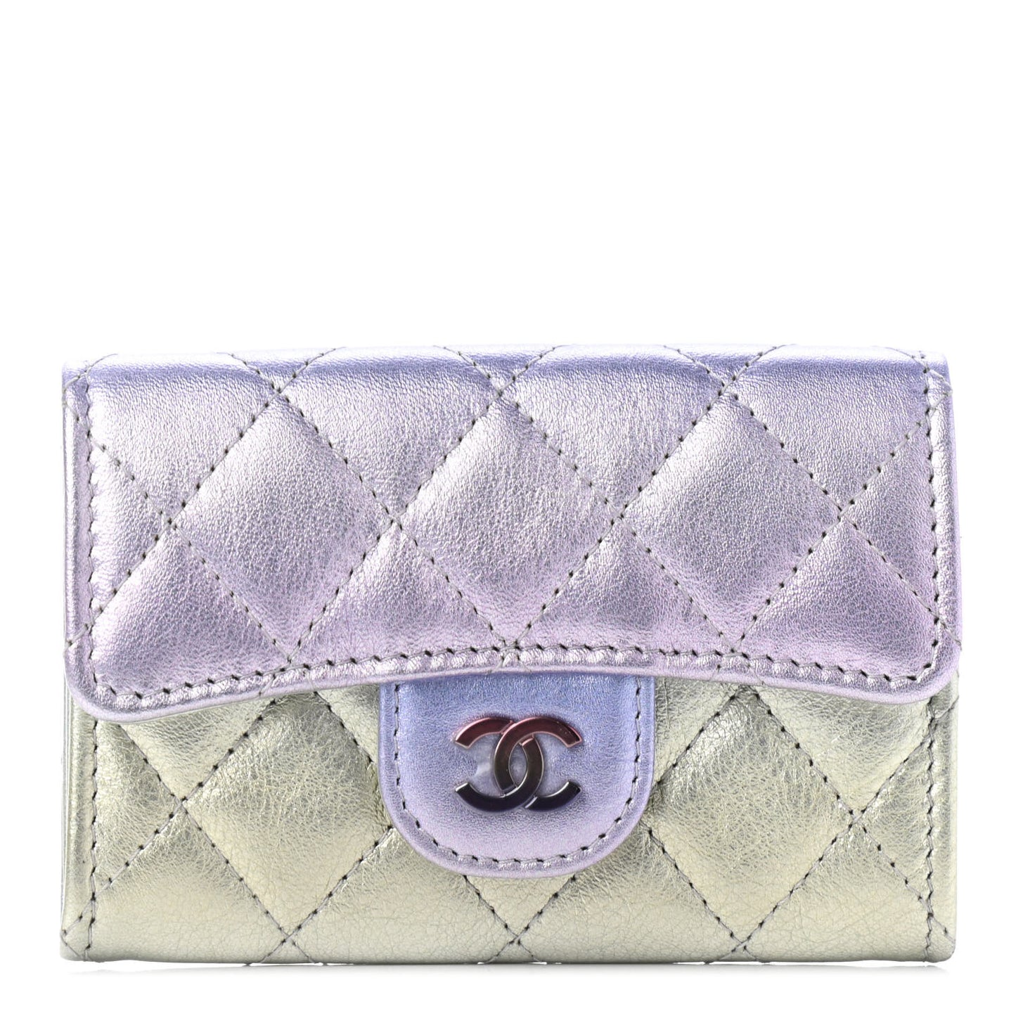 Gradient Metallic Calfskin Quilted Flap Card Holder Wallet Silver Blue Yellow Purple