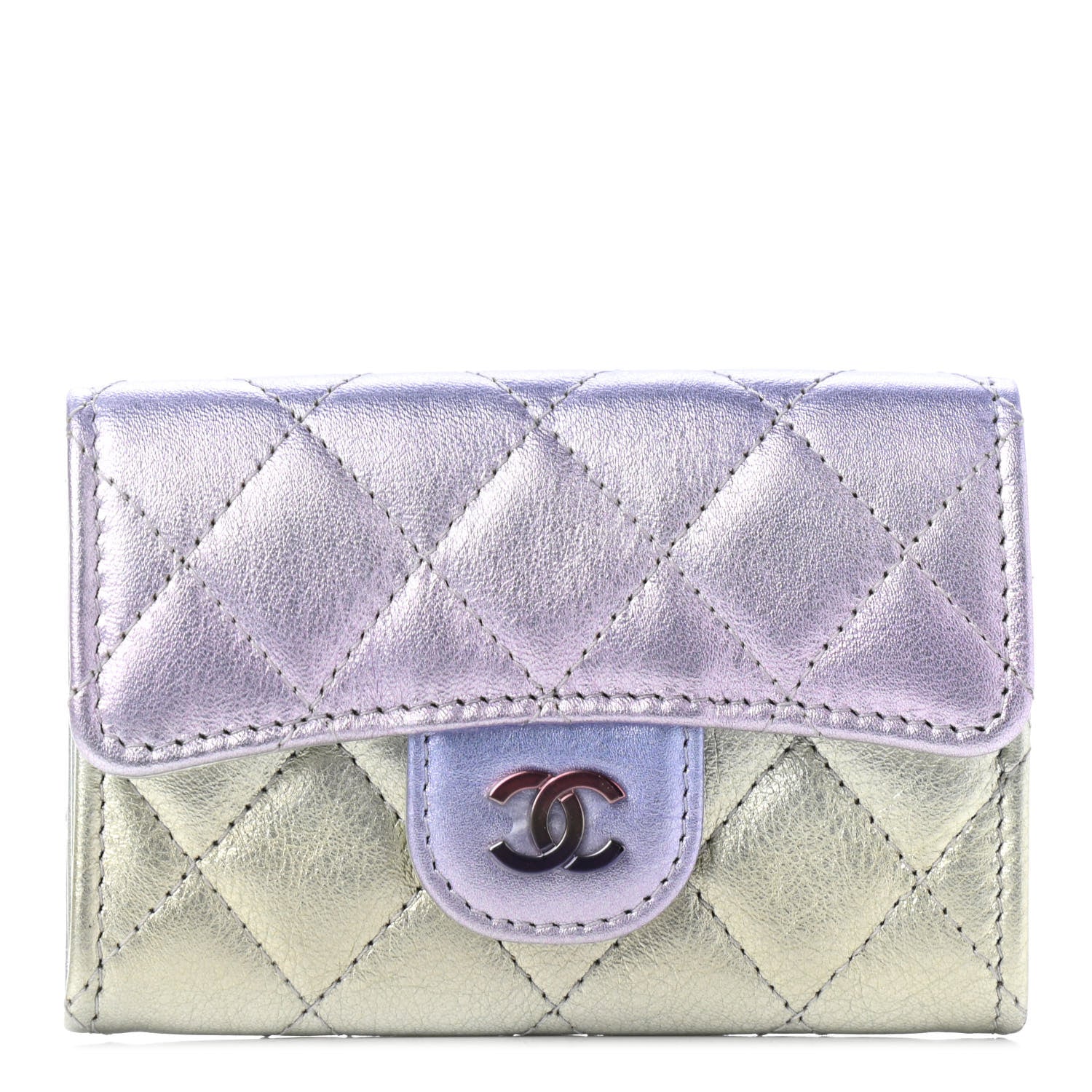 Chanel Gradient Metallic Calfskin Quilted Flap Card Holder Wallet Silver Blue Yellow Purple 1 of 7