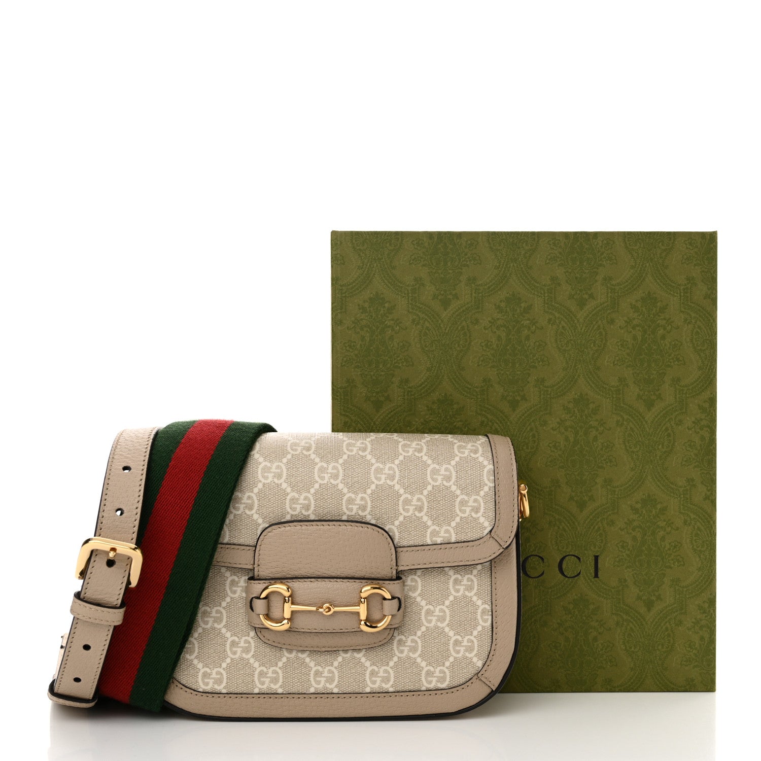 Gucci GG Supreme Monogram Textured Dollar Calfskin Web Mini Horsebit 1955 Shoulder Bag Beige Mystic White Oatmeal 13 of 13
