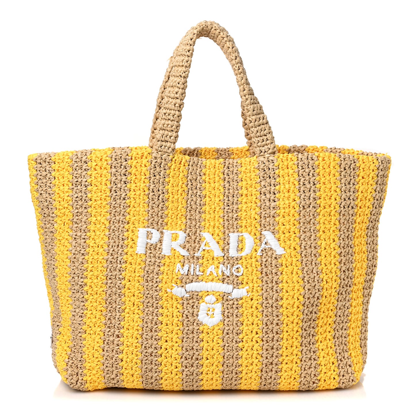 Yarn Raffia Effect Crochet Striped Large Logo Tote Naturale Giallo