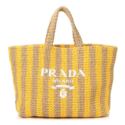 Prada Yarn Raffia Effect Crochet Striped Large Logo Tote Naturale Giallo 1 of 9