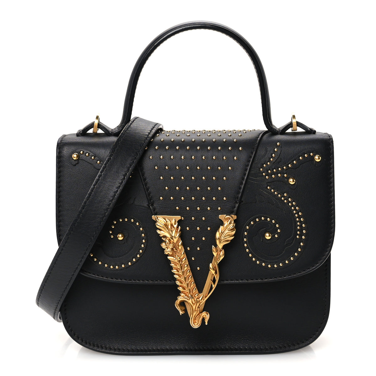 Vitello Western Studded Virtus Mini Top Handle Shoulder Bag Black