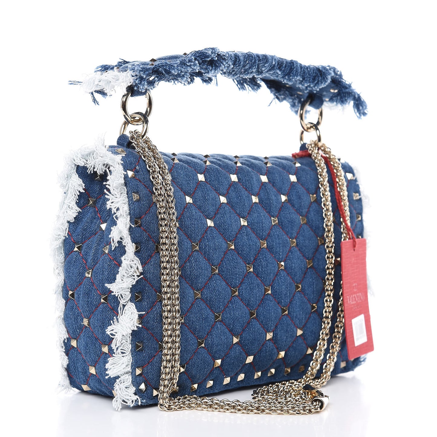 Denim Fringe Medium Rockstud Spike Shoulder Bag Blue