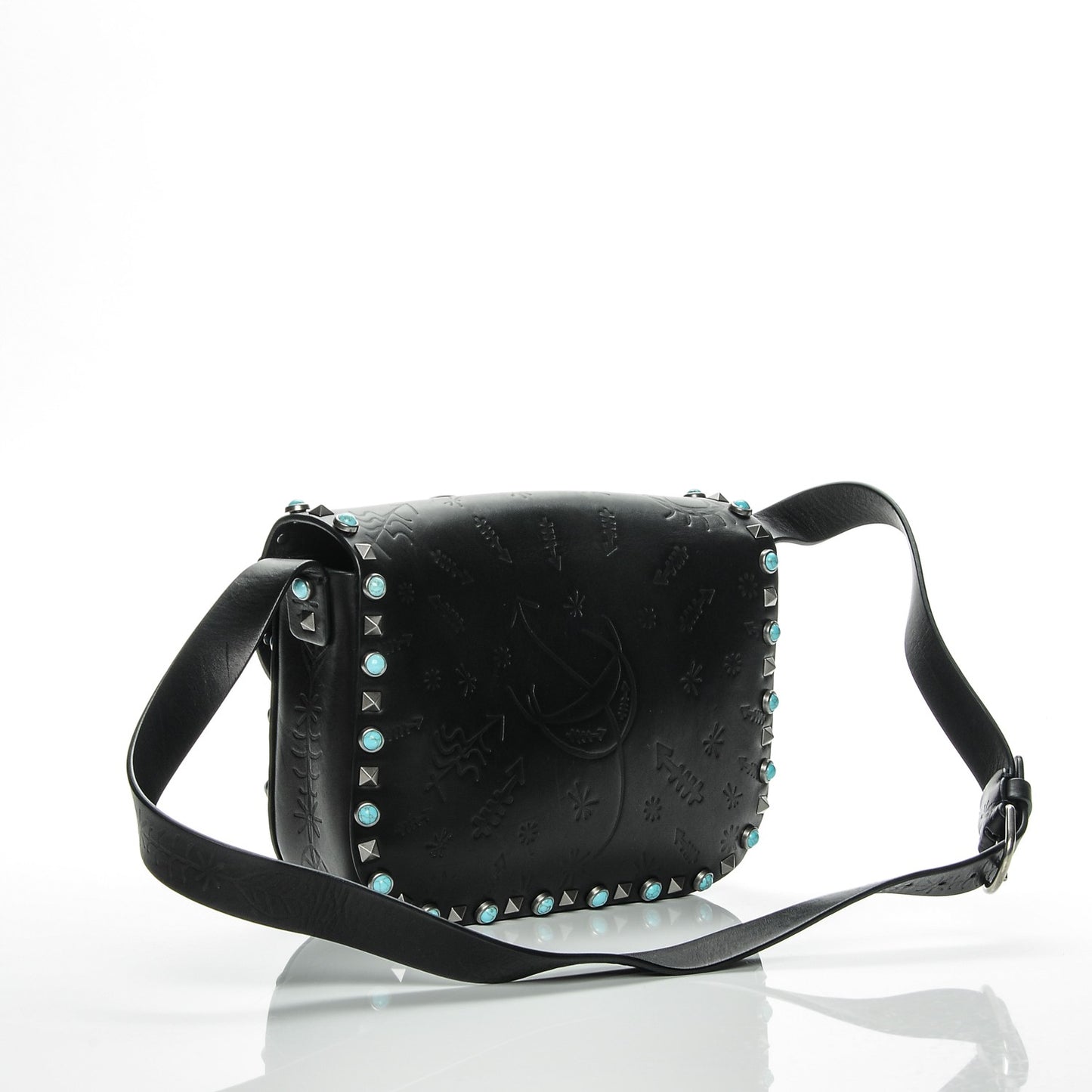 Calfskin Santeria Embossed Medium Rockstud Rolling Flap Saddle Bag Black