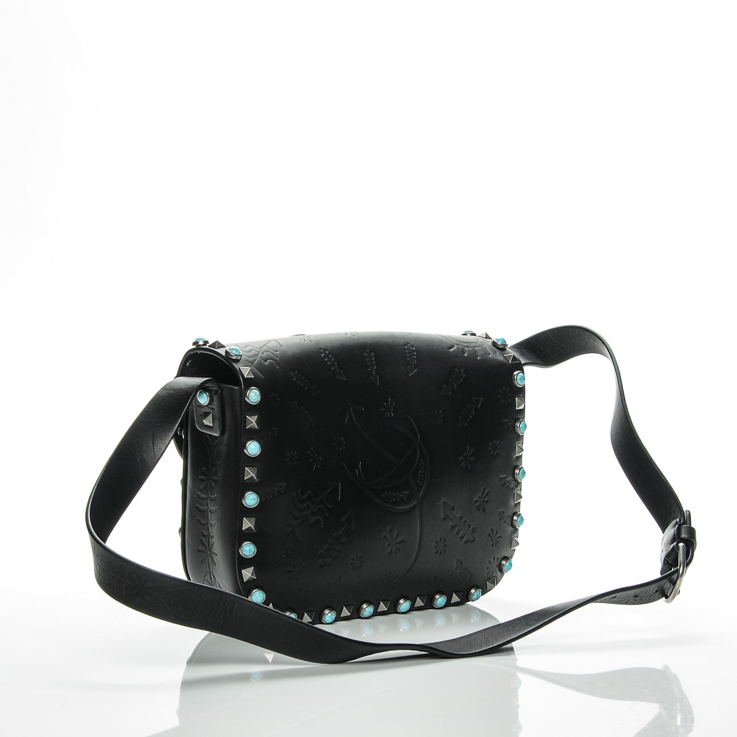 Valentino Garavani Calfskin Santeria Embossed Medium Rockstud Rolling Flap Saddle Bag Black 3 of 6