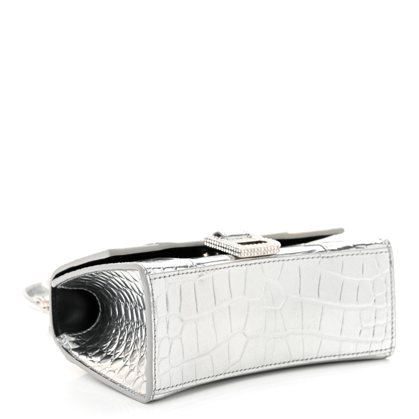 Metallic Calfskin Crocodile Embossed Crystal Hourglass Top Handle Bag XS Silver