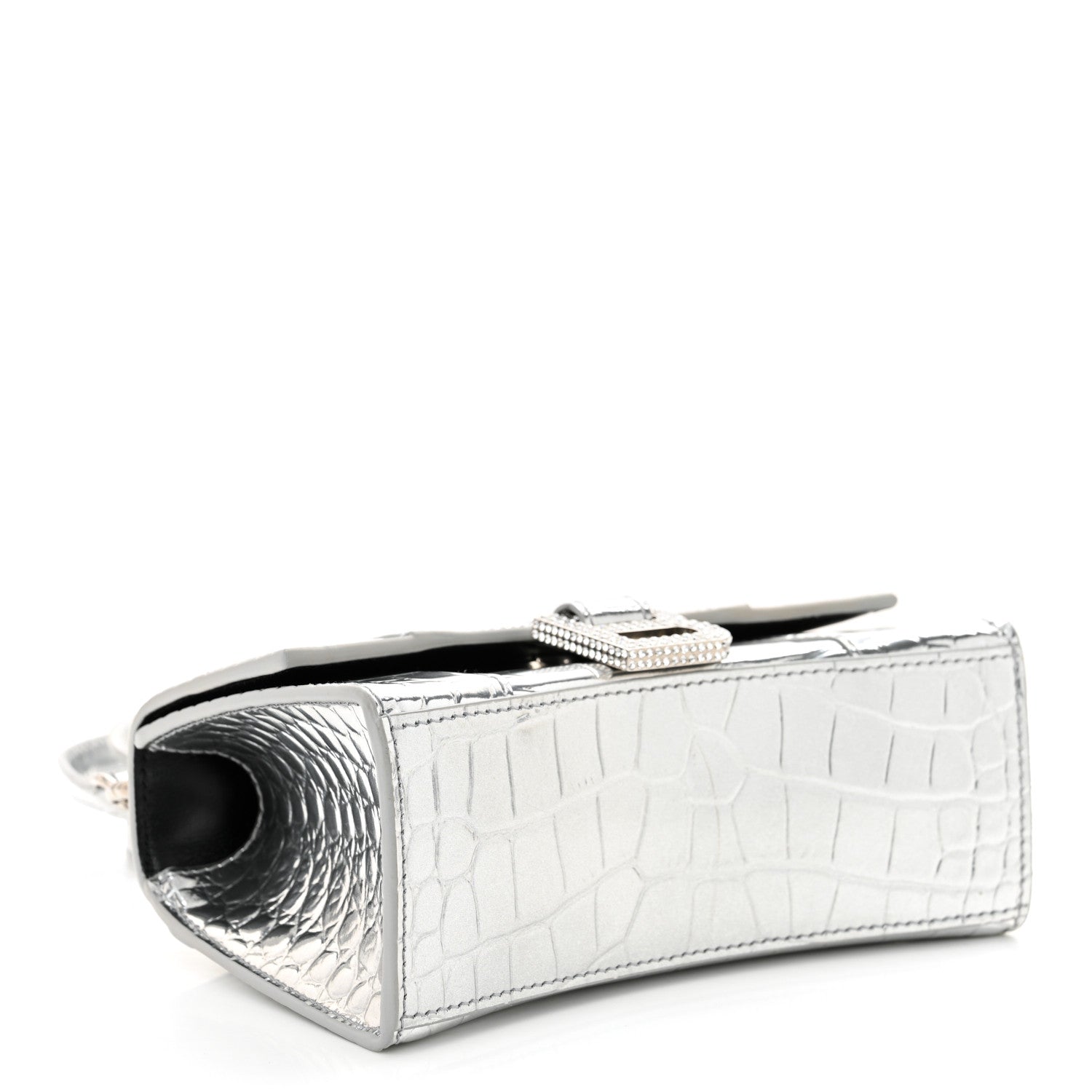 Balenciaga Metallic Calfskin Crocodile Embossed Crystal Hourglass Top Handle Bag XS Silver 4 of 12
