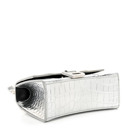 Balenciaga Metallic Calfskin Crocodile Embossed Crystal Hourglass Top Handle Bag XS Silver 4 of 12