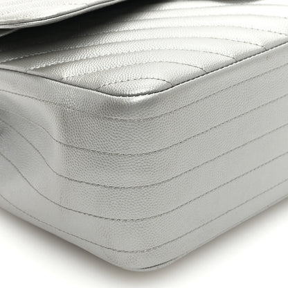 Chanel Metallic Caviar Chevron Quilted Jumbo Double Flap Silver 9 of 13