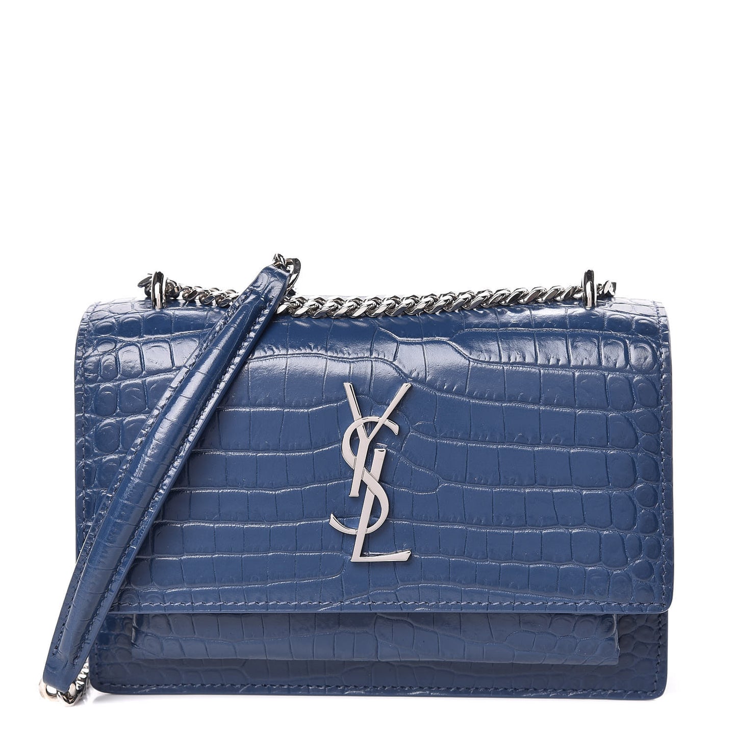 Calfskin Crocodile Embossed Monogram Sunset Chain Wallet Denim