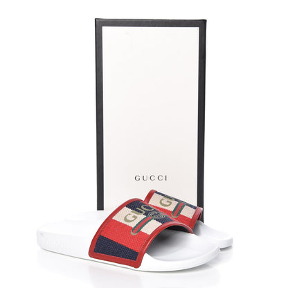 Gucci Canvas Sylvie Stripe Logo Pursuit Slide Sandals 39 Mystic White Hibiscus Red Maritime 9 of 9