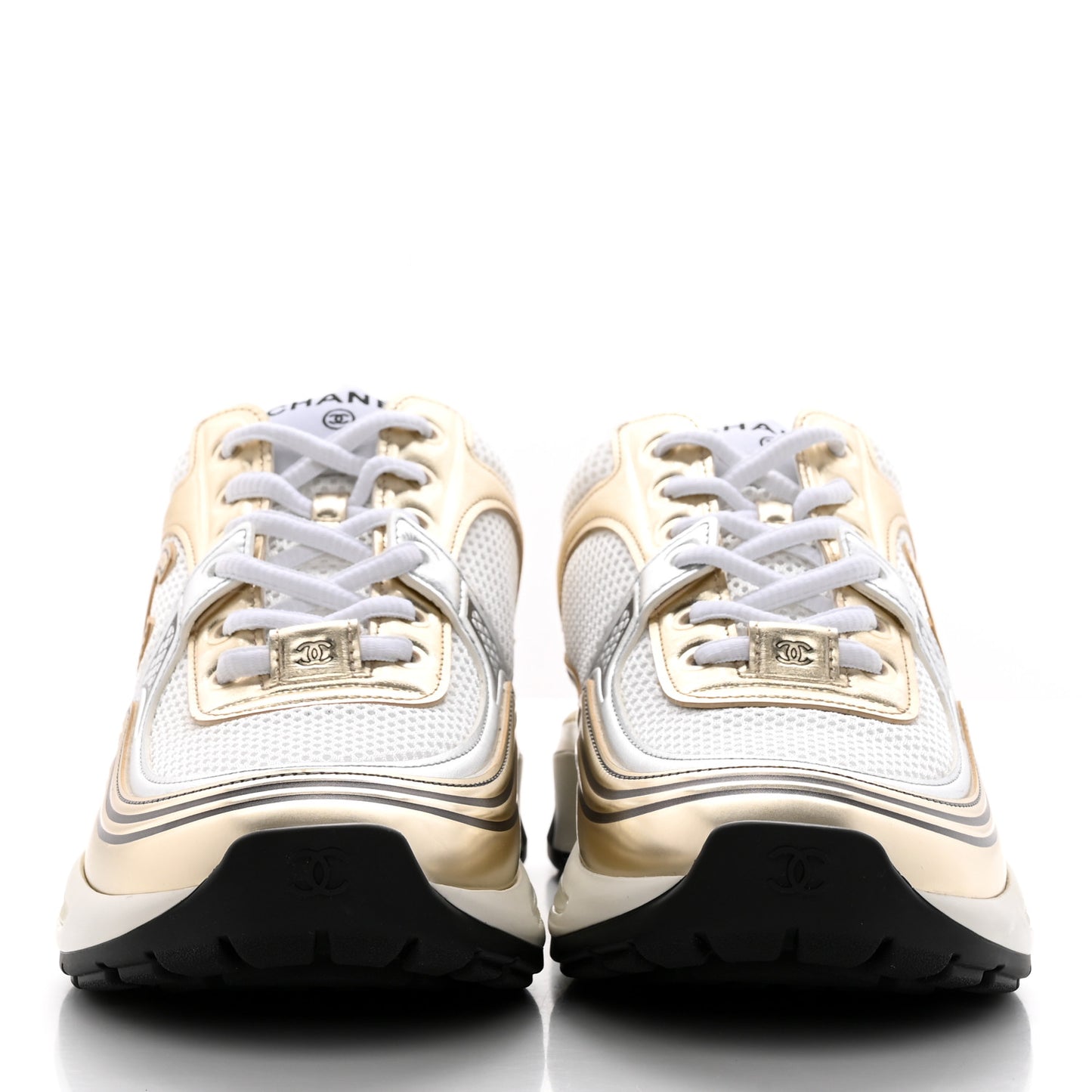 Fabric Laminated Calfskin Stretch CC Womens Sneakers 39 White Gold Silver