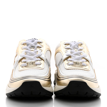 Chanel Fabric Laminated Calfskin Stretch CC Womens Sneakers 39 White Gold Silver 2 of 11