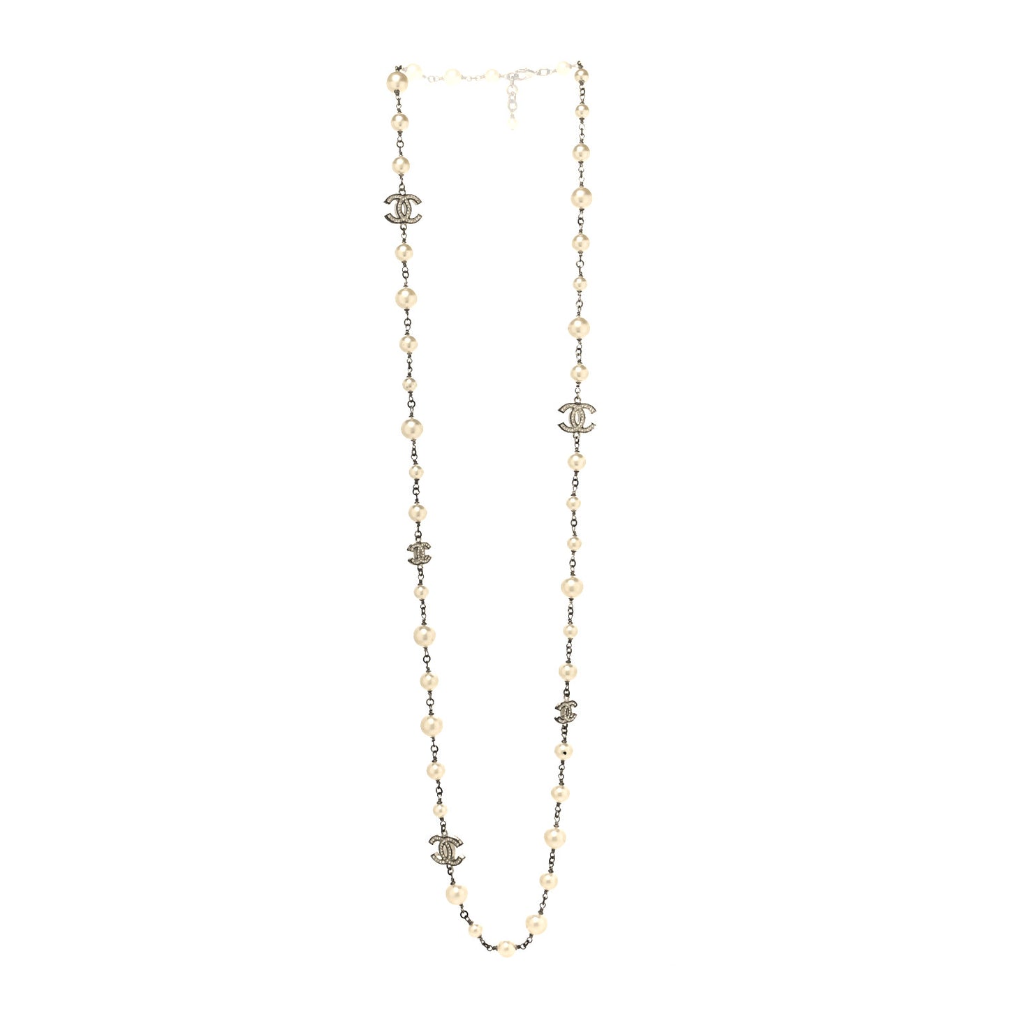 Crystal Pearl CC Long Necklace Silver