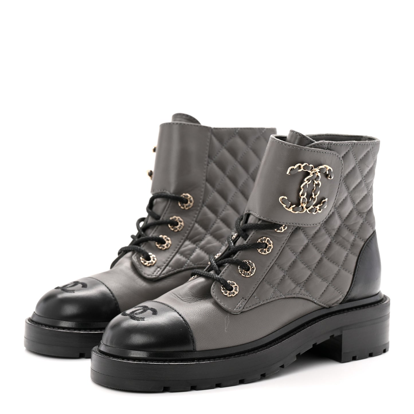 Shiny Lambskin Quilted Lace Up Combat Boots 37 Grey Black