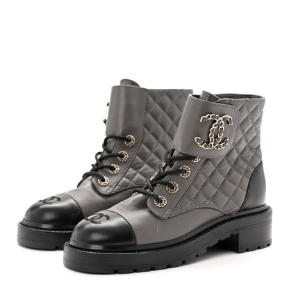 Chanel Shiny Lambskin Quilted Lace Up Combat Boots 37 Grey Black 3 of 11