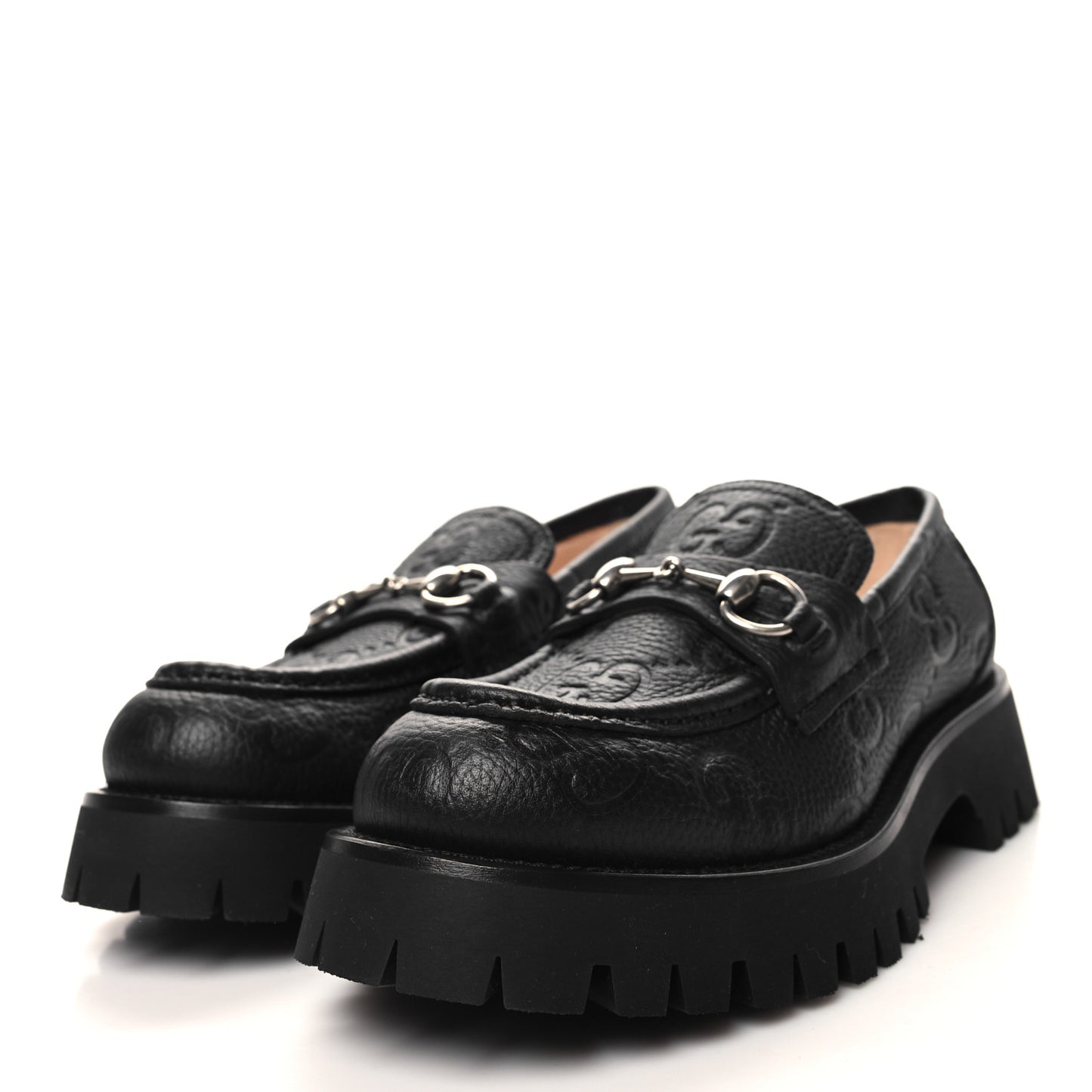 Piuma Calfskin GG Embossed Womens Horsebit Rock 20mm Loafers 38 Black