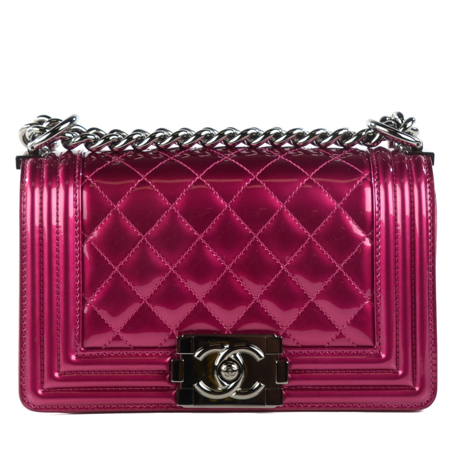 Metallic Patent Calfskin Quilted Small Boy Flap Pink