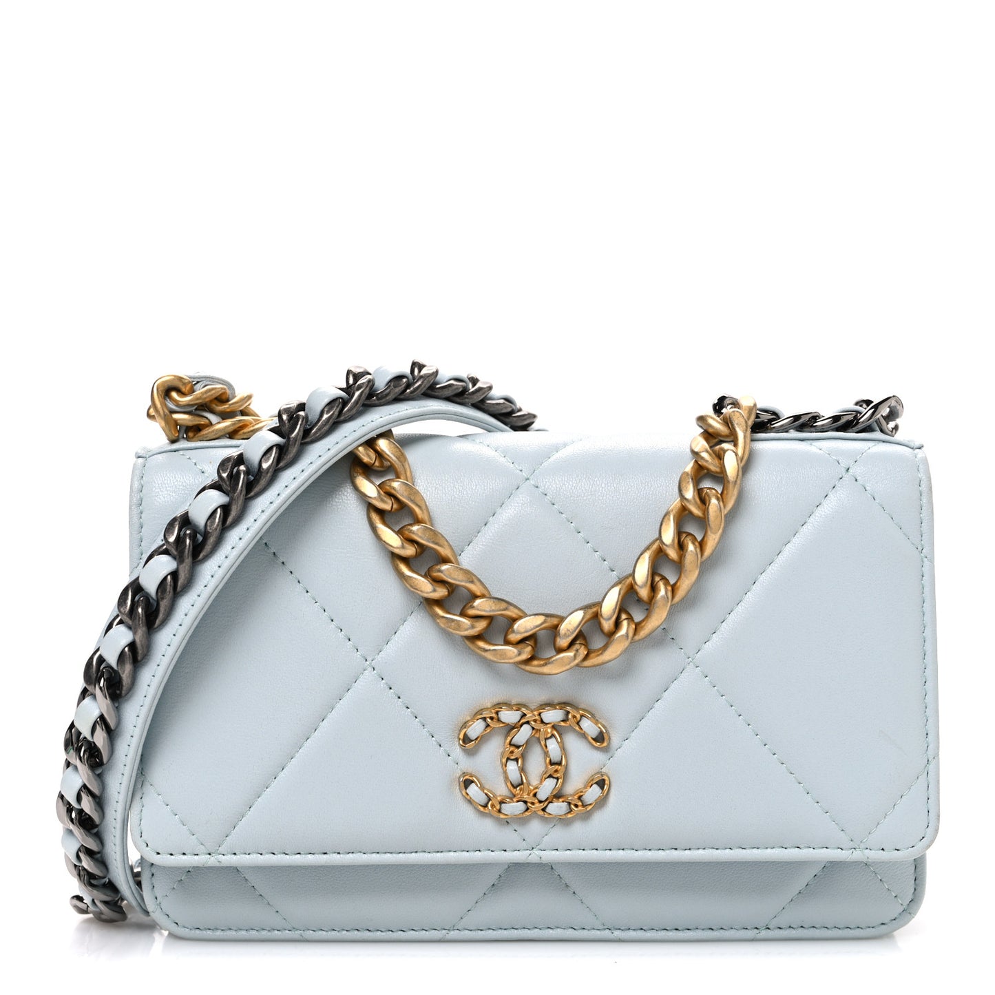 Lambskin Quilted Chanel 19 Wallet On Chain WOC Light Blue