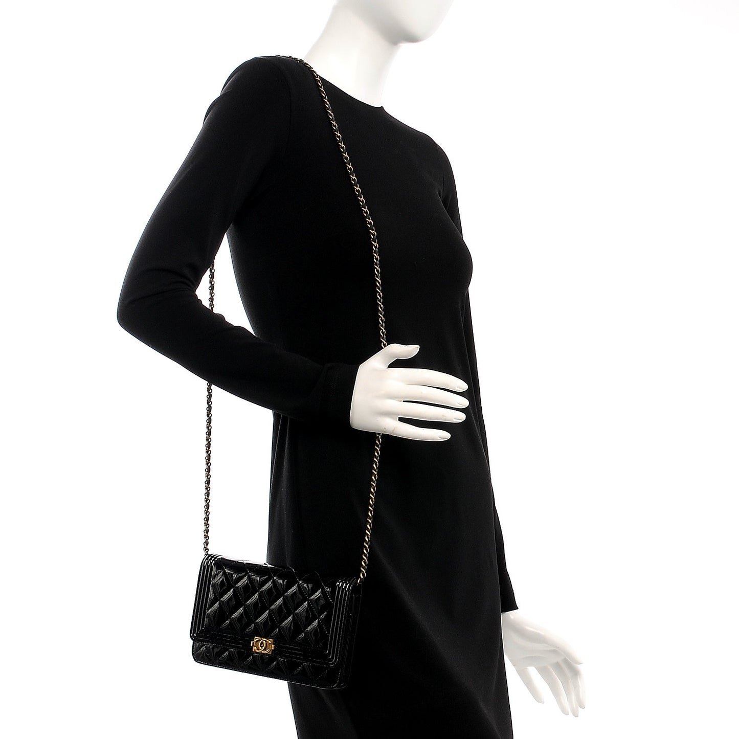 Patent Calfskin Quilted Boy Wallet On Chain WOC Black