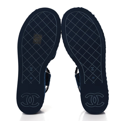 Chanel Cotton Tweed Quilted CC Platform Sandals 39 Navy Blue 5 of 9