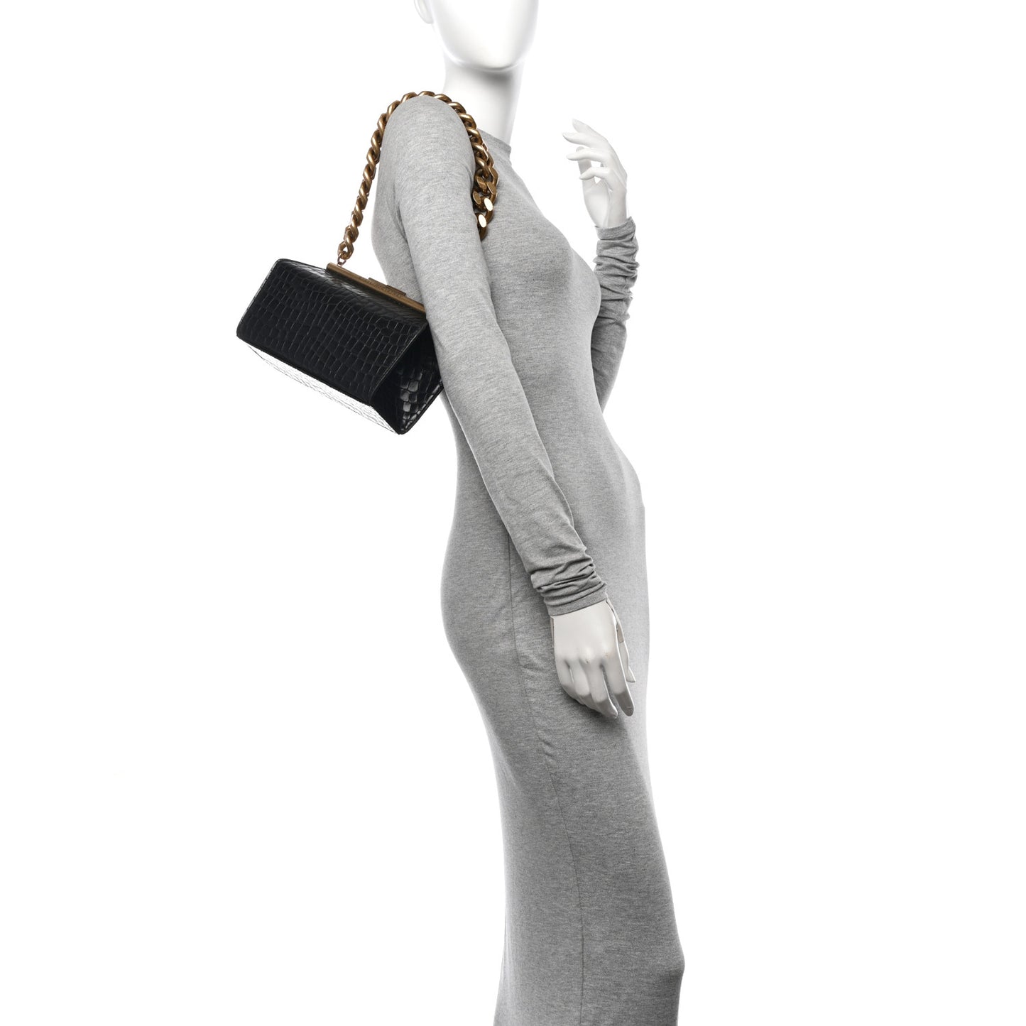 Crocodile Embossed Medium Chunky Chain Bag Black
