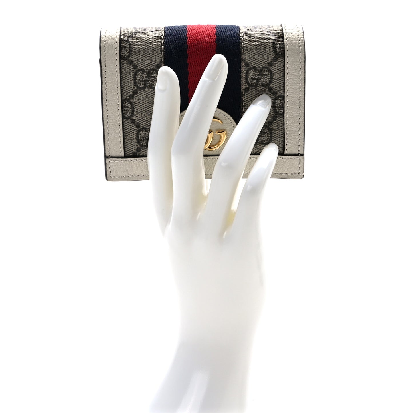 GG Supreme Monogram Textured Dollar Calfskin Web Ophidia Card Case Beige Ebony Mystic White