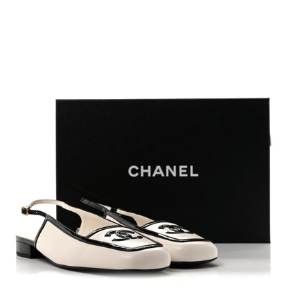 Chanel Lambskin Patent Calfskin Cap Toe CC Slingback Pumps 39 Ivory Black 9 of 9