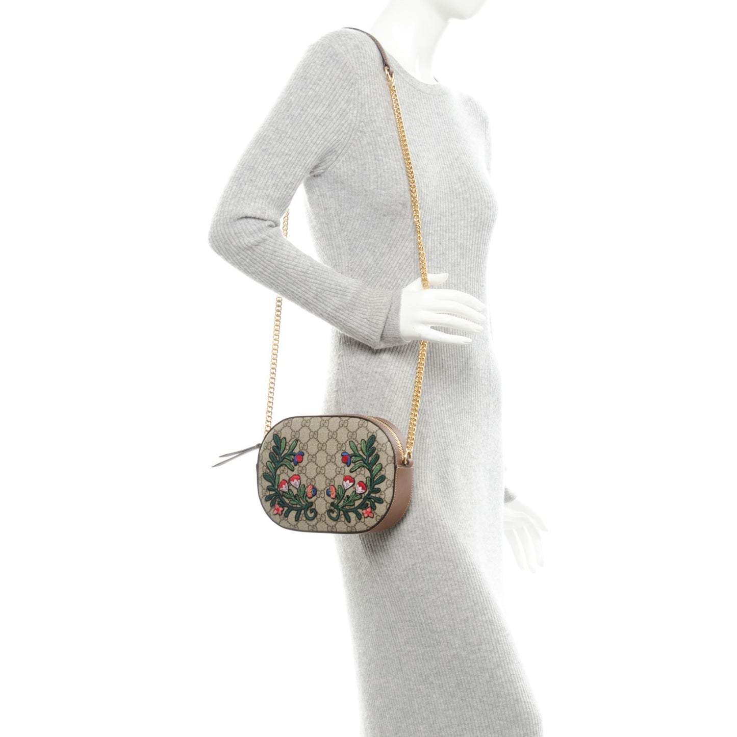 GG Supreme Monogram Floral Embroidered Mini Chain Shoulder Bag Beige Tuscany