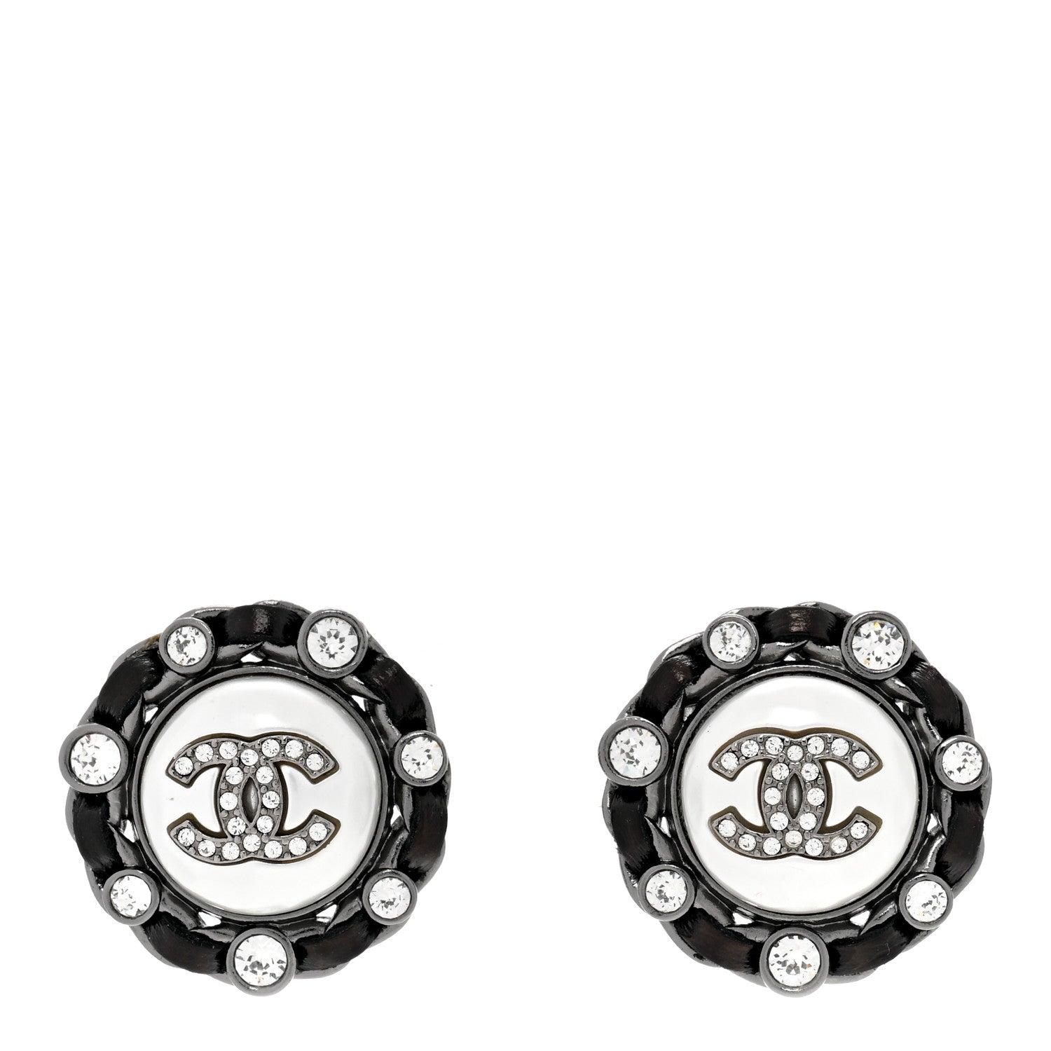 Chanel Pearl Crystal Lambskin CC Earrings Black Silver 1 of 4