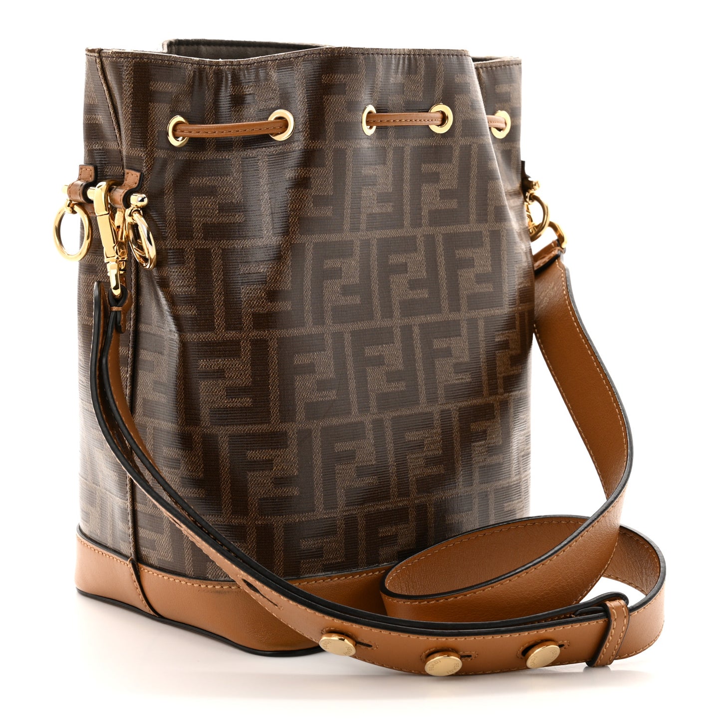 Glazed Fabric Vitello Grace F is Fendi FF 1974 Stamp Patch Grande Mon Tresor Bucket Bag Mogano Panna Nocciola