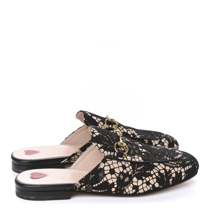 Gucci Lace Malaga Kid Womens Princetown Slippers 35.5 Black Skin Rose 4 of 9