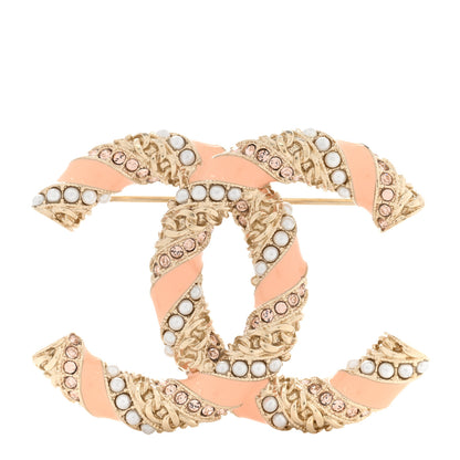 Chanel Enamel Pearl Crystal Twisted CC Brooch Gold Pale Pink 1 of 5