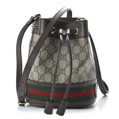 Gucci GG Supreme Monogram Web Mini Ophidia Bucket Bag Brown 1 of 9
