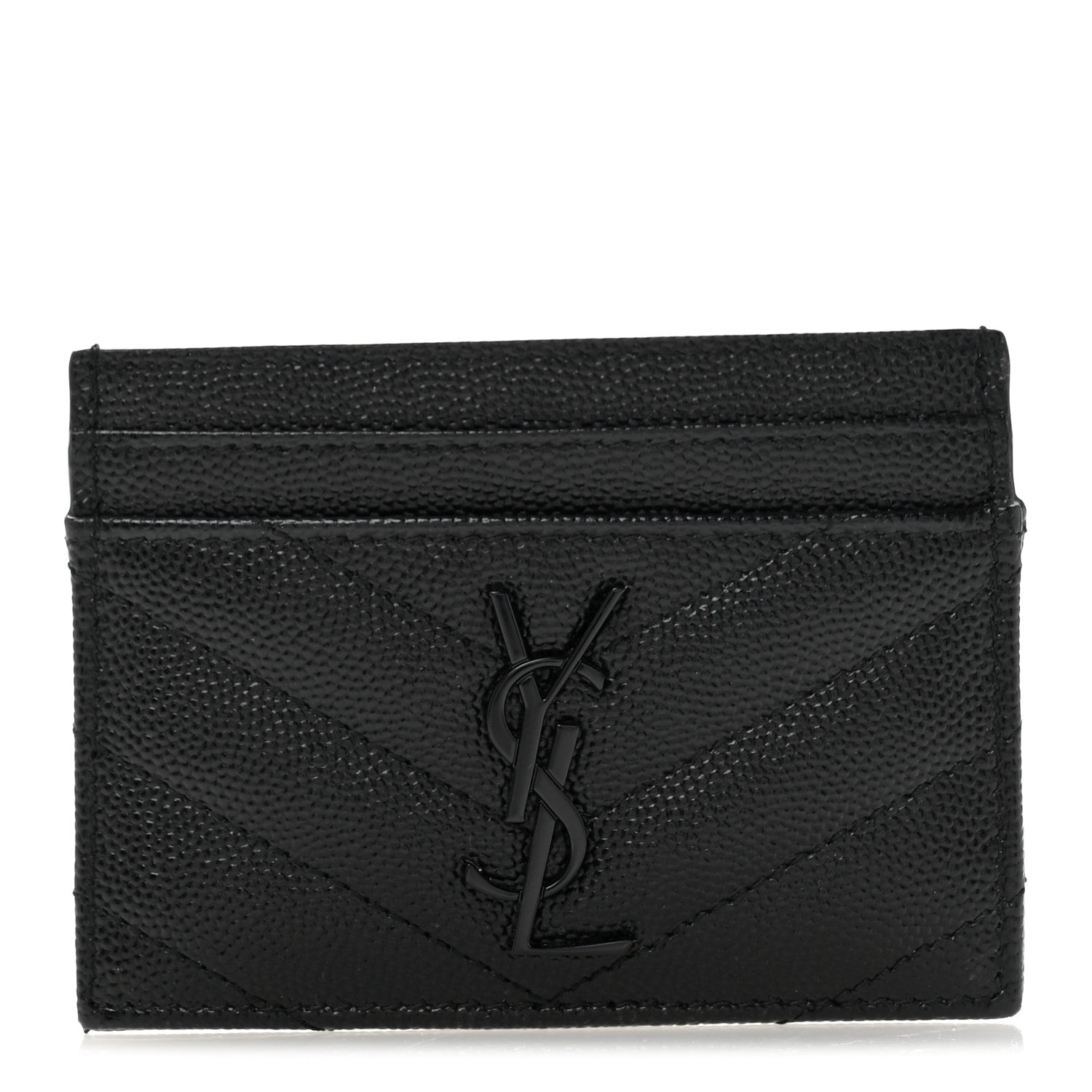 Saint Laurent Grain De Poudre Matelasse Chevron Monochrome Monogram Credit Card Case Black 1 of 8