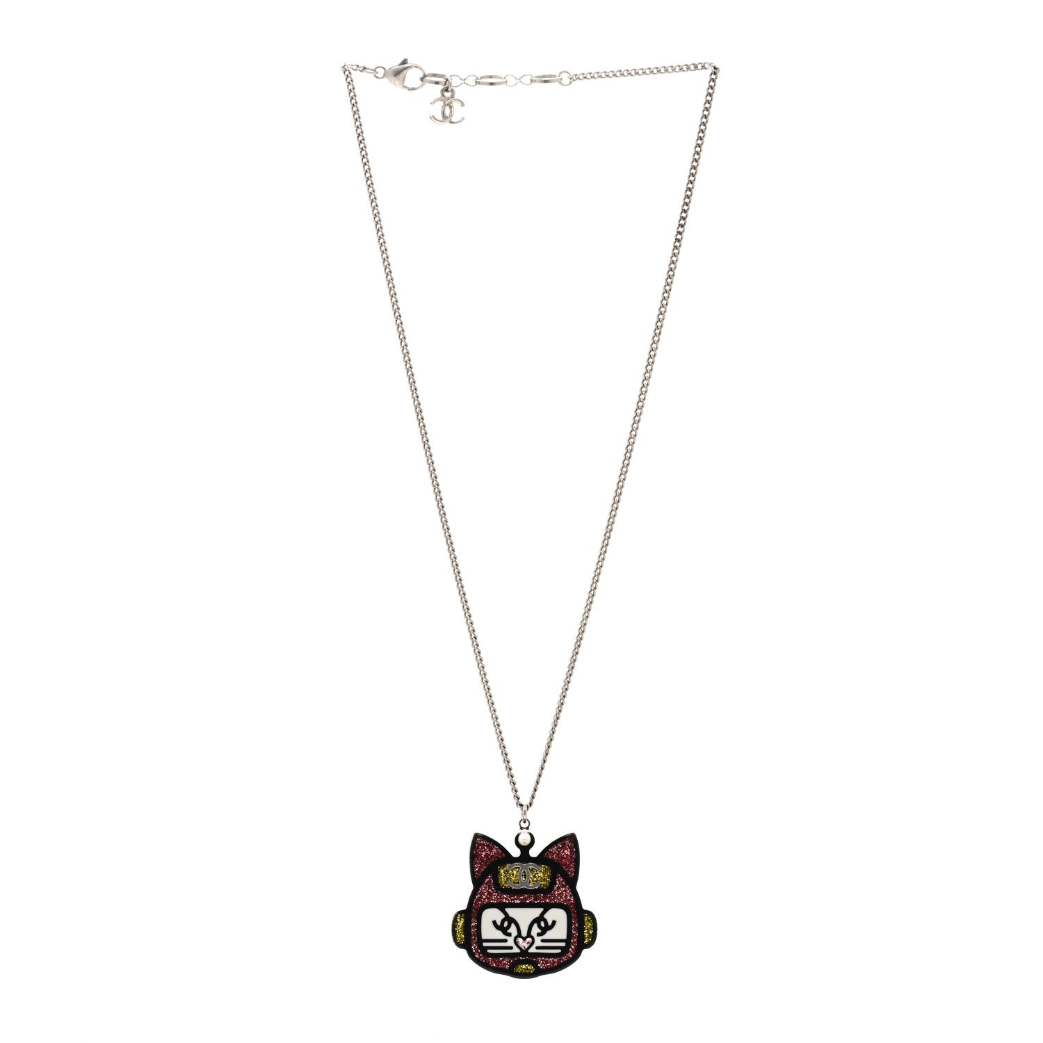 Chanel Resin Emoji Robot Cat Pendant Necklace Black Pink Yellow