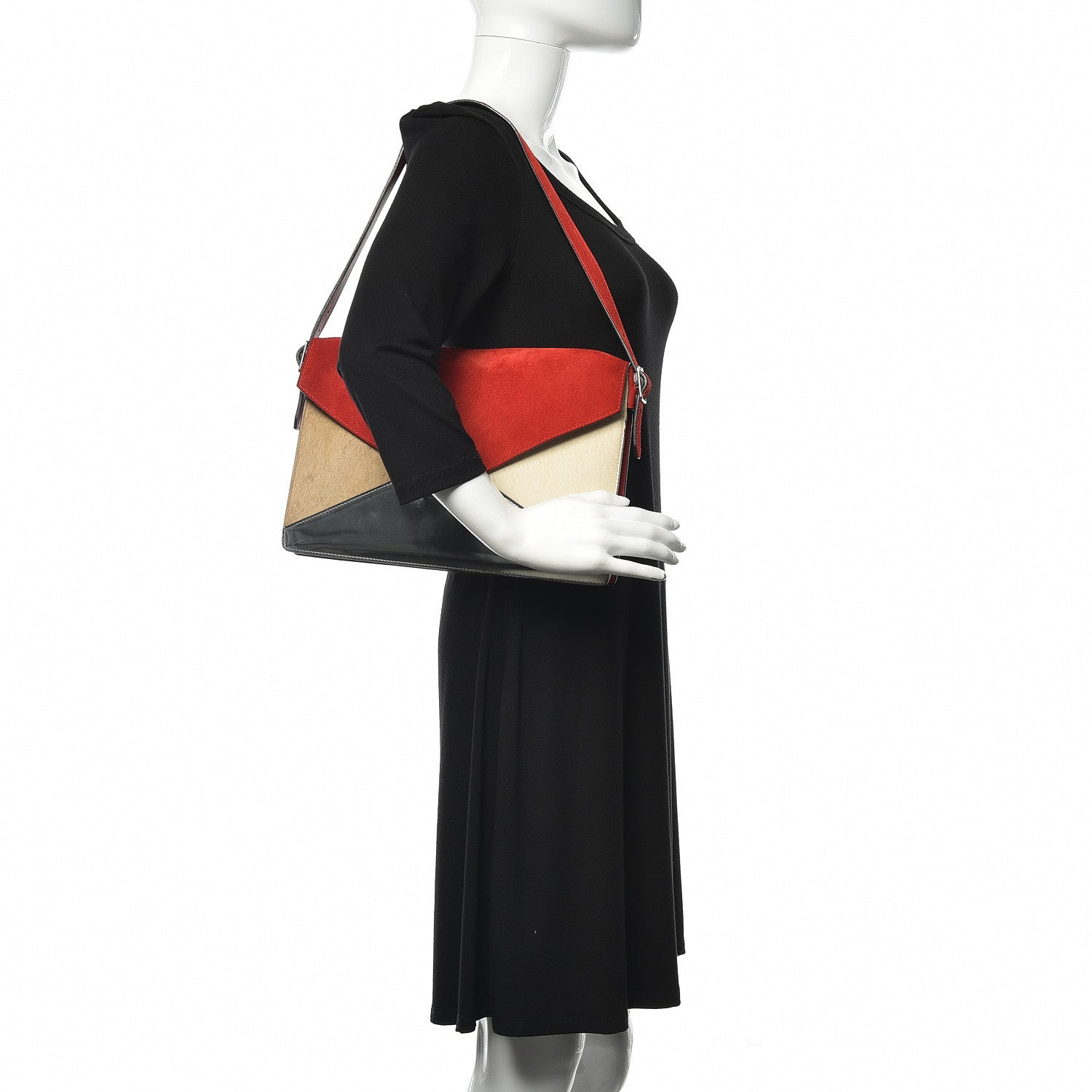 Celine Suede Calfskin Pony Hair Medium Tri-Color Diamond Shoulder Bag Red 2 of 12