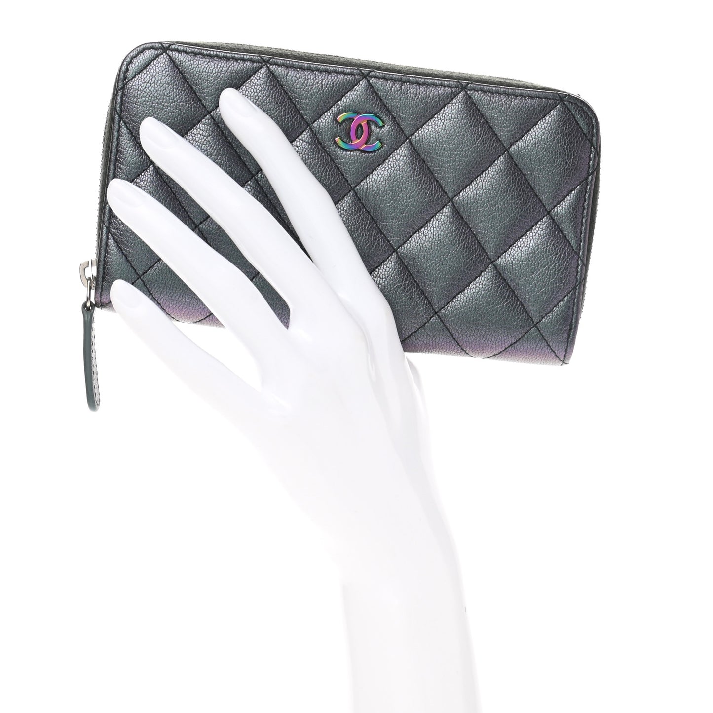Iridescent Goatskin Quilted Medium Gusset Zip Around Wallet Purple