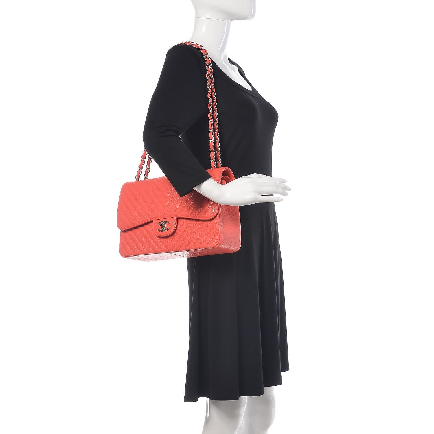 Chanel Caviar Chevron Quilted Jumbo Double Flap Coral 2 of 9