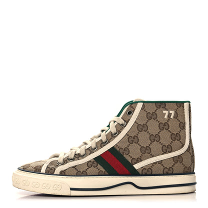 Gucci GG Monogram Web Womens 1977 Tennis High Top Sneakers 37 Beige Ebony Mystic White 1 of 9