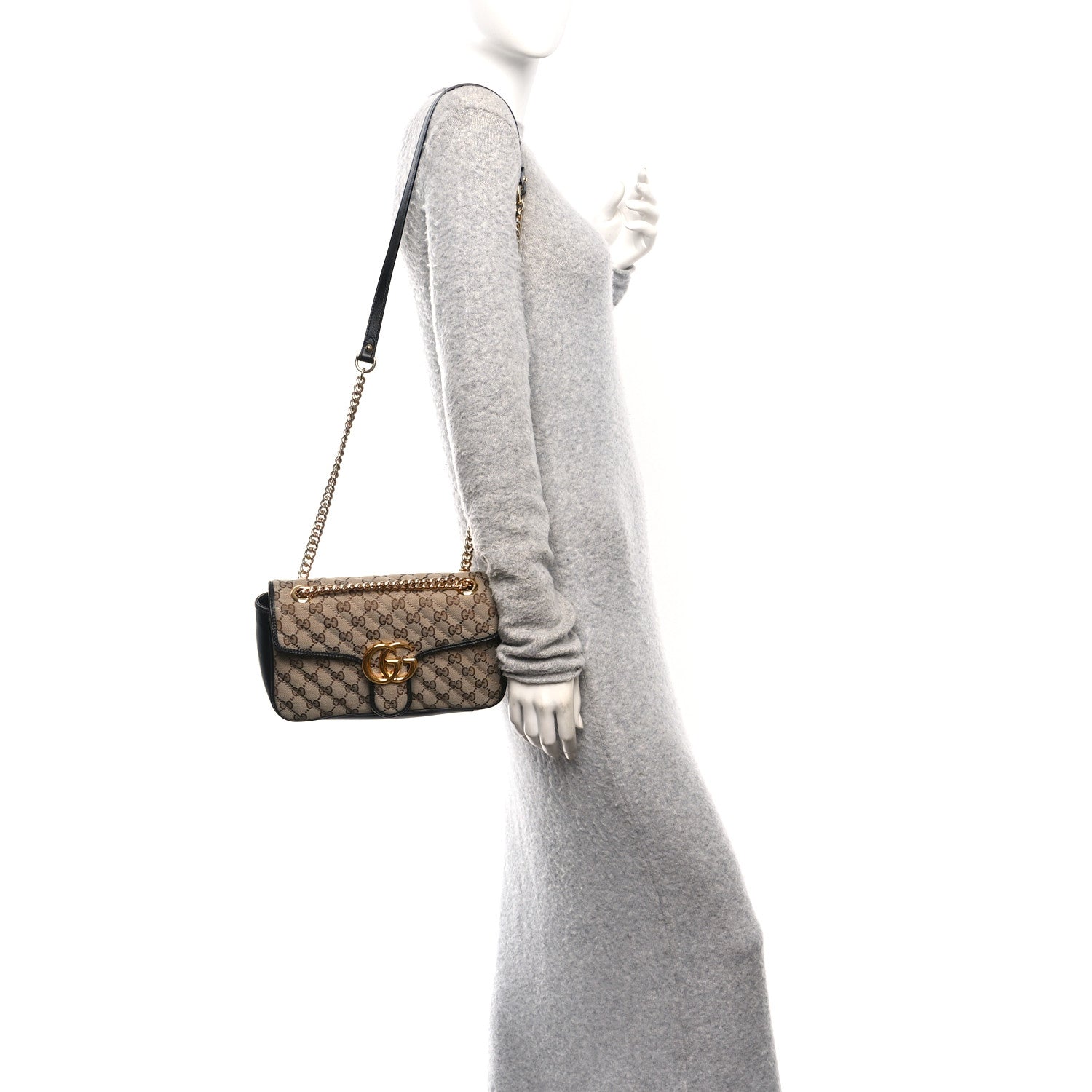 Gucci Monogram Matelasse Diagonal Small GG Marmont Shoulder Bag Beige Black 2 of 11