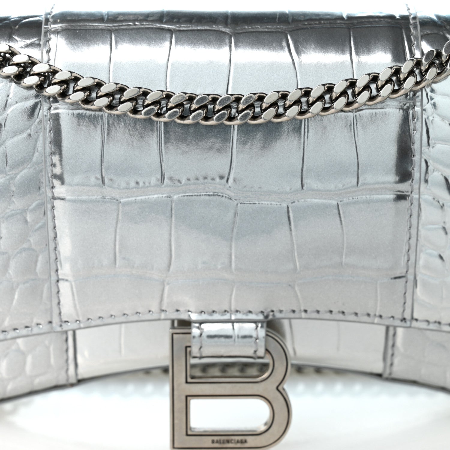 Balenciaga Metallic Calfskin Crocodile Embossed Hourglass Chain Bag Silver 8 of 10