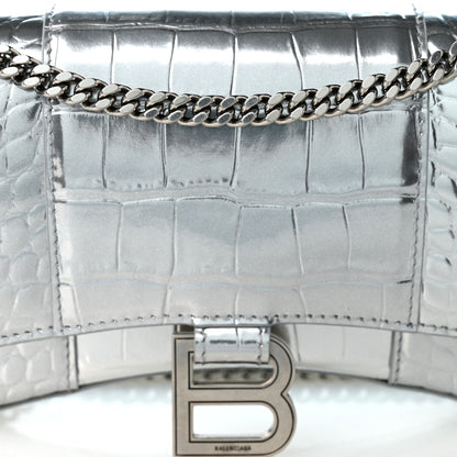 Balenciaga Metallic Calfskin Crocodile Embossed Hourglass Chain Bag Silver 8 of 10