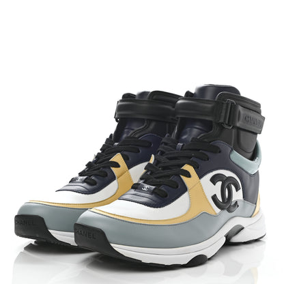 Chanel Calfskin Patent Lambskin Mens CC High Top Sneakers 45 White Yellow Navy Black 3 of 9