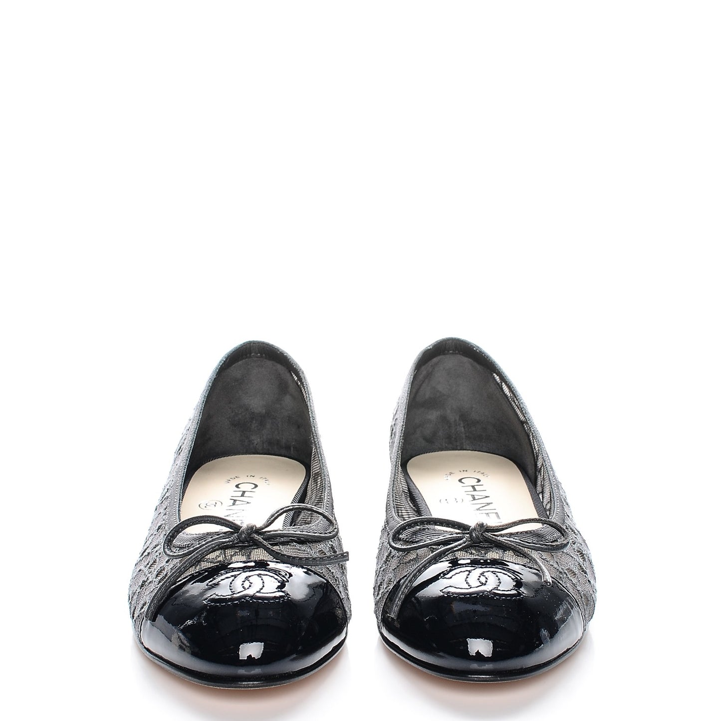 Lace Patent Calfskin Cap Toe CC Ballerina Flats 36.5 Dark Grey Navy